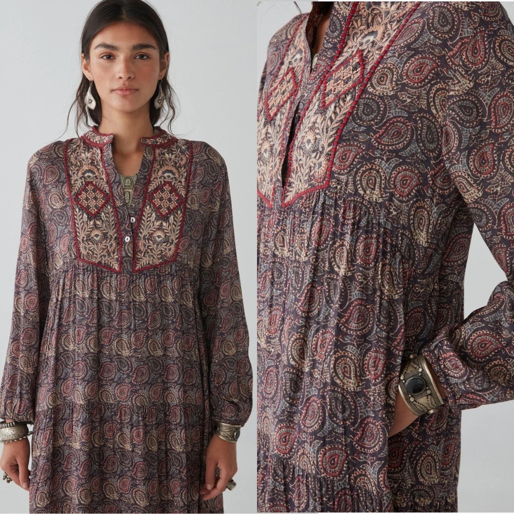 Maison Hotel Embroidered Paisley Tiered Midi Dress Long Sleeve Size XS - Picture 5 of 10